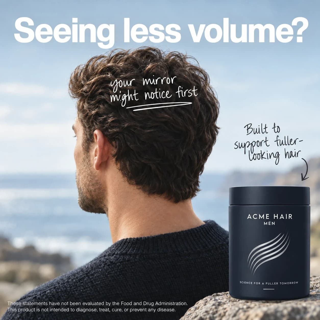 The Acme Hair Men ad: a man seen from behind with full, wavy hair under the headline 'Seeing less volume?', and a black Acme Hair Men jar with the note 'Built to support fuller-looking hair'.