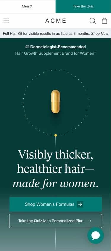 The first screen of the page the ad sent people to, on a phone: one capsule, the headline 'Visibly thicker, healthier hair, made for women.', a Shop Women's Formulas button, a quiz, and a small Men link at the top.